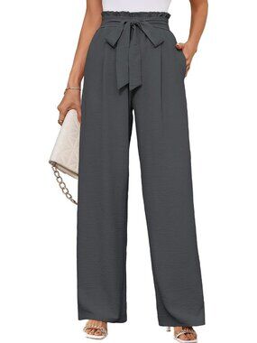 Women's Grey Wide Leg Pant High Waisted Tie Knot Loose Comfy Casual Trouser